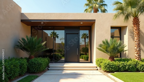 Modern desert villa entrance features sleek design, dark door, glass panels reflecting palm trees and clear sky. Lush green bushes and pathways lead to luxurious home exterior.