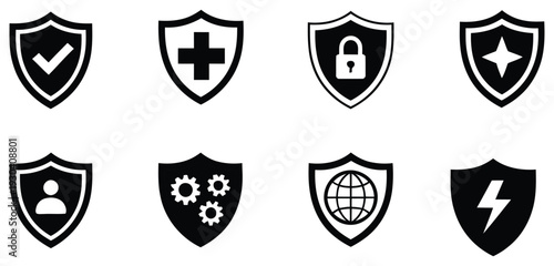 Shield icon set for cybersecurity protection, including security badge, check shield, lock shield, cross emblem, star crest, lightning bolt, user shield, settings, sword, and global shield concept 