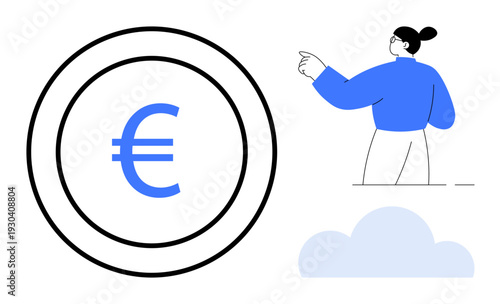 Financial concepts, currency exchange, economy, digital transactions, savings, and investment. Euro symbol in circular frame next to a figure pointing. Financial concepts and currency exchange ideas