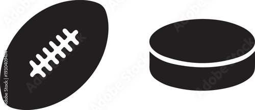 A black and white illustration of a football and a hockey puck side by side.
