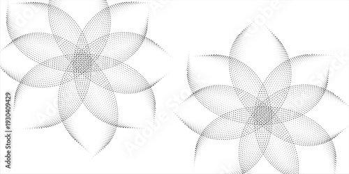 Set of dotted curved abstract shapes. Dotted pattern in halftone theme. Curved and twisted abstract gradients. Vector design element in black and white color.