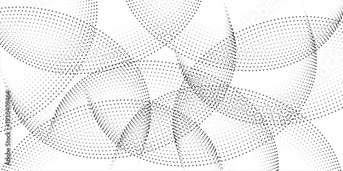 Set of dotted curved abstract shapes. Dotted pattern in halftone theme. Curved and twisted abstract gradients. Vector design element in black and white color.