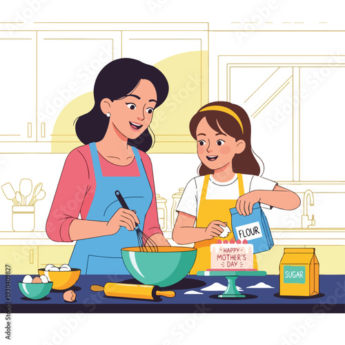 Mom and child baking cake, cooking together, in the kitchen with baking tools