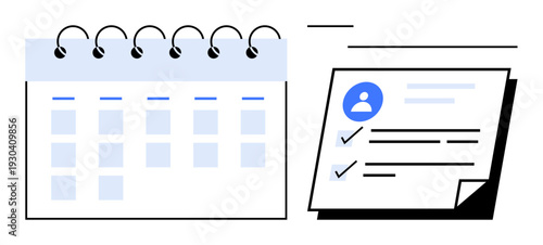 Spiral-bound calendar beside profile-focused checklist with completed tasks. Ideal for scheduling, productivity, planning, time management, organization, team collaboration, personal tasks. Simple