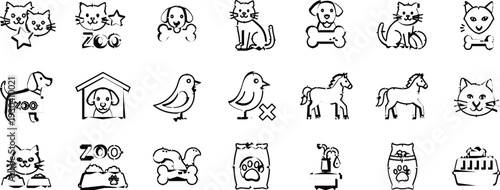 Simple hand drawn animal and pet outline icon set with dogs, cats, birds, zoo symbols, and accessories in black line vector style
