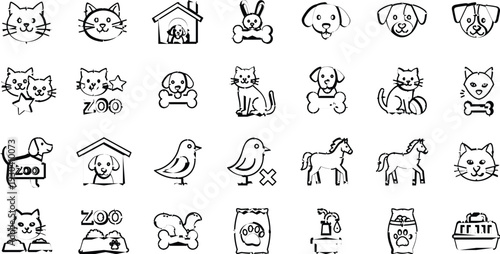 Cute pet and animal outline icon set with dogs, cats, birds, zoo symbols, and accessories, hand drawn black line vector collection for apps and web design