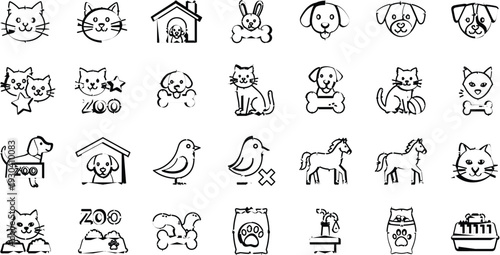 Hand drawn animal and pet outline icon collection with dogs, cats, birds, zoo symbols, and accessories, simple black line vector set for apps and web design