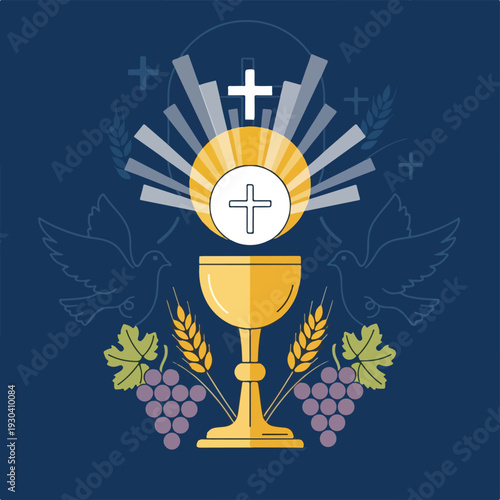Religious icon with chalice, Eucharist host, grapes, and dove on blue background