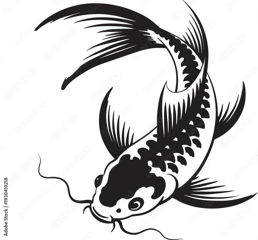 Fototapeta premium Black ink koi fish swimming elegantly on checkered background