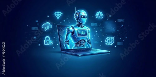 Robot emerging from the laptop represents the arrival of artificial intelligence as an intelligent assistant, but it is an agentic AI that can analyze, decide robot with laptop ai