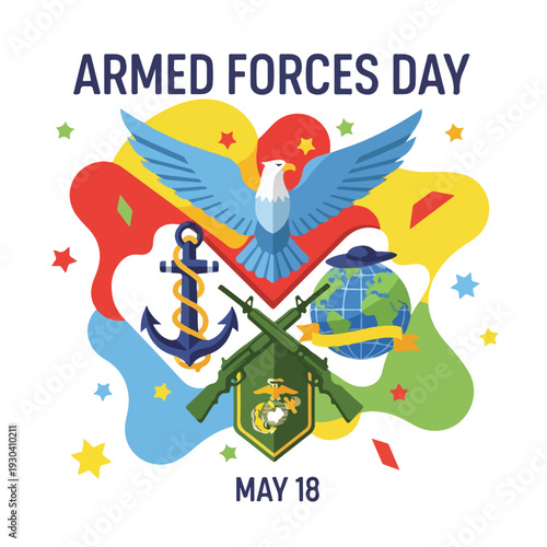 Patriotic themed illustration featuring various service emblems and the date