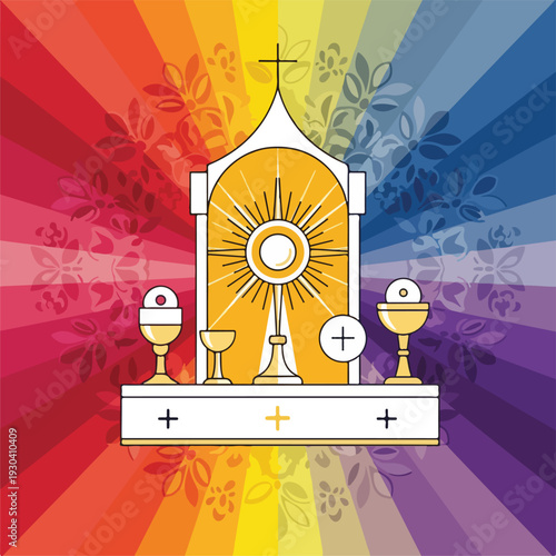 Religious image depicts chalices, monstrance, and a bright rainbow backdrop