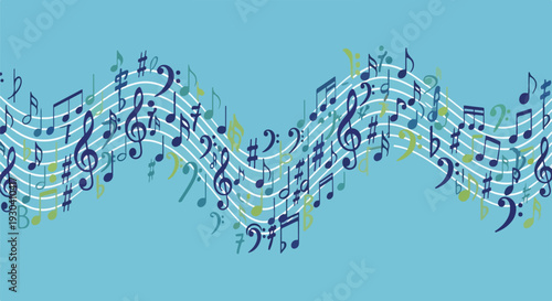 Musical background with blue background and waving music notes