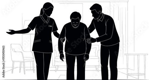 CNA and Male Caregiver Assisting Senior Patient | Elderly Mobility and Nursing Care Line Art