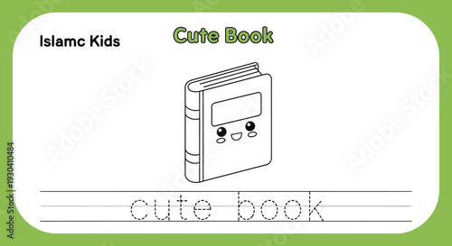 Cute Book Coloring Page for Islamic Kids - Trace the Word 'Cute Book'