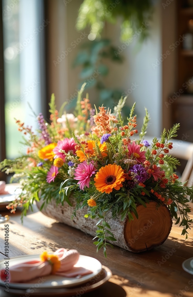 Fototapeta premium Rustic log centerpiece filled with bright gerbera daisies, wildflowers and greenery. Flowers arranged on a wooden table with plates set for a meal, celebrating nature and home.