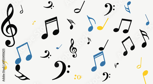 Musical notation symbols scattered on a white background