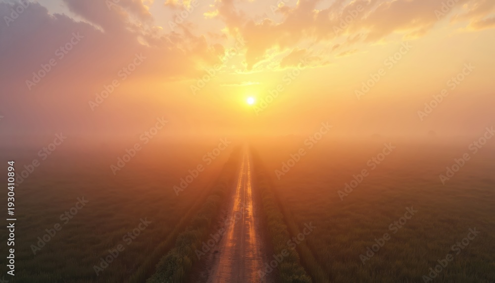 Fototapeta premium Sun rises over misty country road cutting through field. Golden hour light illuminates foggy landscape. Serene dawn atmosphere creates peaceful rural mood. Nature scene inspires travel, quiet