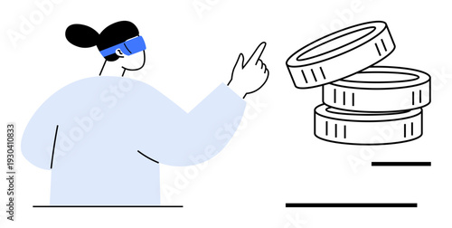 Digital finance, virtual reality, fintech, cryptocurrency, innovation, futuristic interaction. Person wearing a VR headset points at stacked coins. Digital finance and virtual reality concept