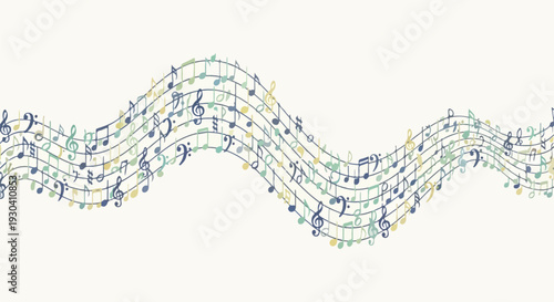 Musical notes flow on staves, creating a visual wave