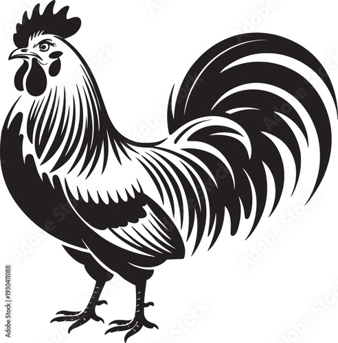 Detailed black ink rooster silhouette with ornate tail feathers on checkered background