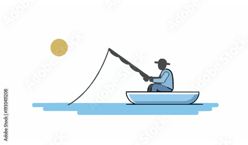 Flat illustration of man fishing on boat for web design
