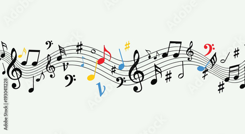 Musical notes of various colors float along wavy staves