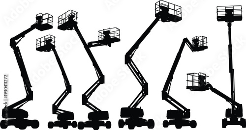 Aerial work platform and boom lift silhouettes isolated on white background, hydraulic lifting equipment for construction, maintenance and industrial access operations