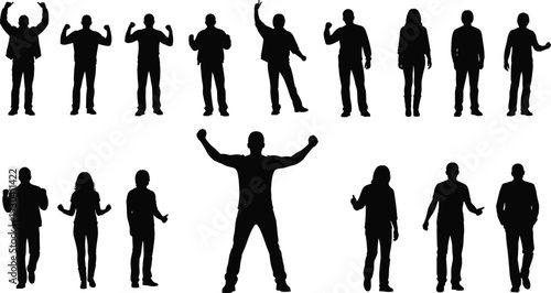 Business people silhouettes in confident and celebratory poses isolated on white background, professional men and women expressing success, leadership and achievement concepts