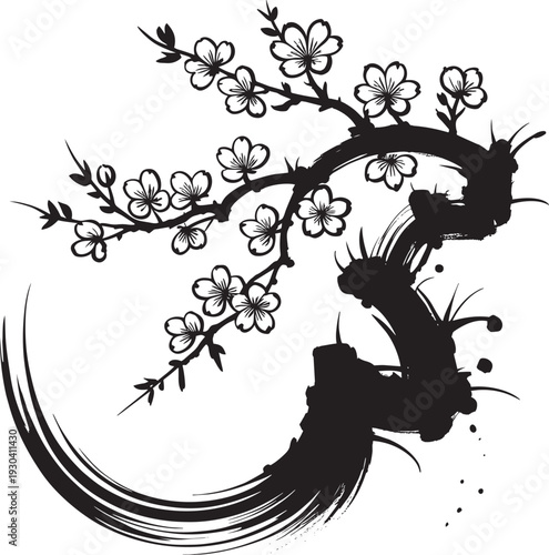 Japanese cherry blossom branch brush stroke design symbol oriental art floral element