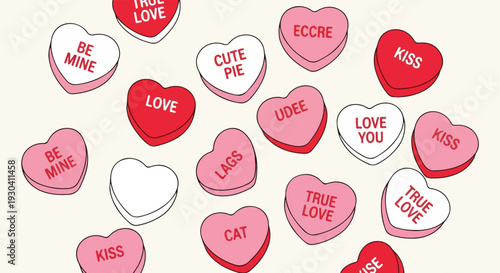 Scattered heart-shaped candies with romantic phrases on a cream background