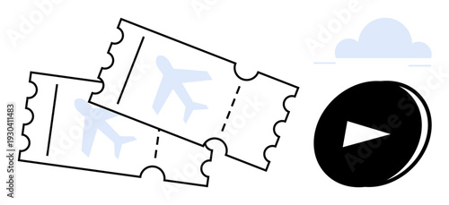 Travel booking, vacation planning, online reservations, ticket purchase, air travel, digital services. Two airline tickets, a play button and a cloud icon. Travel booking and vacation planning