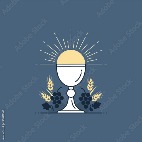 Stylized, minimalist icon of a chalice with sunburst and grapes