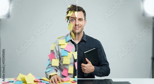 Man split between disorganization and effective time management.