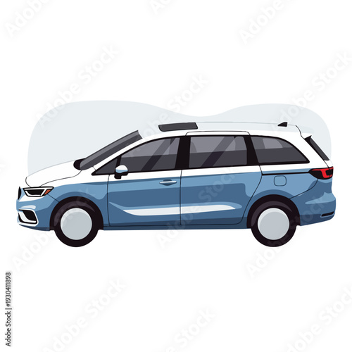 Side view illustration of a two-tone blue and white compact MPV