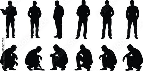 Businessman silhouette set in standing and squatting poses isolated on white background, professional male figure collection for corporate, presentation and branding concepts
