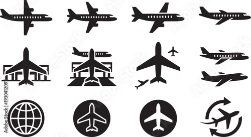 Airplane silhouette icon set, commercial aircraft views airport takeoff landing symbols collection