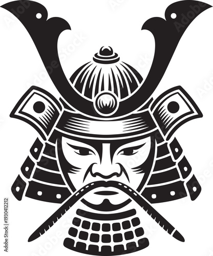Samurai warrior helmet. vector illustration of traditional japanese military headwear and mask