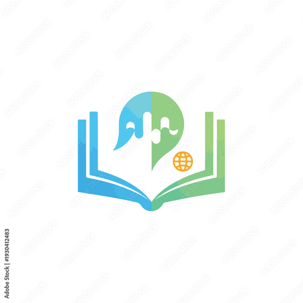 Fototapeta premium A colorful, open book design featuring a speech bubble and a globe