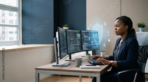 Cyber Security Analyst at Work: A skilled analyst monitors multiple screens, ensuring the digital realm's safety and security, highlighting the critical role of data protection and cybersecurity.