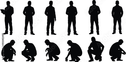 Businessman silhouette set with standing and squatting poses isolated on white background, professional male figure collection for corporate presentation and branding concepts