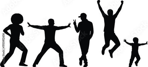 Silhouette expressive people, dynamic poses, individuality gesture, peace sign, celebration jump, child arms outstretched, human emotion, body language, artistic illustration