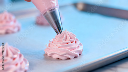 Sweet Creation: A close-up view capturing the art of pastry, featuring a pastry bag gracefully piping a swirl of vibrant pink cream, forming delectable dessert