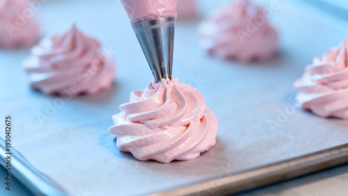 Meringue Creation: An artisan meticulously pipes delicate pink meringue onto parchment, crafting delectable treats with precision and artistry.