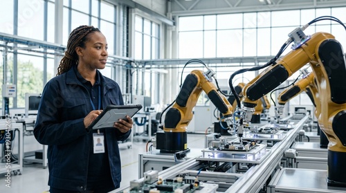 Engineer Inspects Robotic Arms: An engineer attentively monitors a line of robotic arms in a modern, light-filled industrial facility. She is engrossed in the technological ballet.