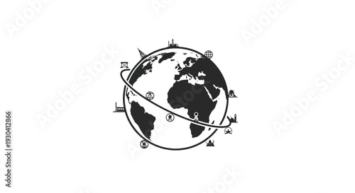 Black and white globe with airplanes.