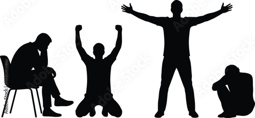 Silhouette emotional body language, human posture expression, sadness reflection, victory celebration, openness gesture, psychological concept