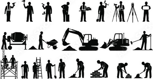 Construction worker silhouettes set with tools, machinery and building activities isolated on white background, professional builders, engineers and laborers industrial collection