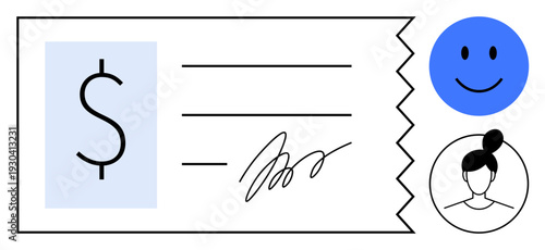 Payment concept. Transaction elements including a check with a dollar sign, handwritten signature, and avatars. Payment tools for banking processes, customer identification, and finance. banking