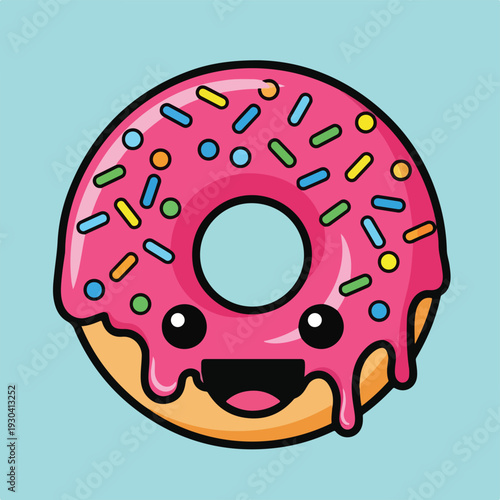 Sweet smiling cartoon donut with pink frosting and colorful sprinkles
